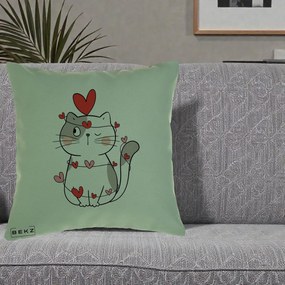Perna Decorativa Pisica Kawaii cu Inimi, 40x40 cm, Verde, Husa Detasabila, Perna Inclusa, BEKZ®
