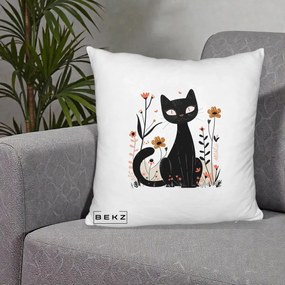 Perna Decorativa Pisica Neagra Flori Pastel Folk, 40x40 cm, Alb Pufos, Husa Detasabila, Perna Inclusa, BEKZ®