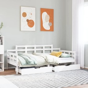 vidaXL Pat de zi cu sertare, alb, 80x200 cm, lemn masiv pin