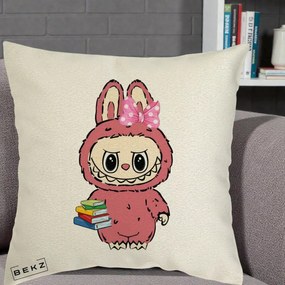 Perna Personalizata Labubu Roz cu Funda si Carti, 40x40 cm, Ecru, Husa Detasabila, Perna Inclusa, BEKZ®
