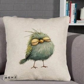 Perna Decorativa Pasare Teal Adormita cu Ochi Galbeni, 40x40 cm, Bej Canapea, Husa Detasabila, Perna Inclusa, BEKZ®