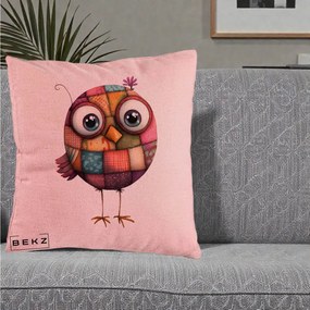 Perna Decorativa Pasare Patchwork Roz cu Floare, 40x40 cm, Roz, Husa Detasabila, Perna Inclusa, BEKZ®