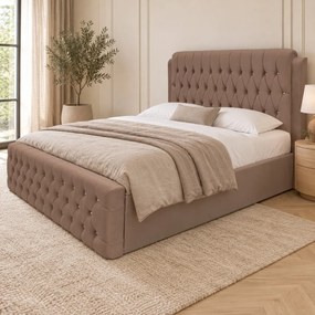 Pat tapițat Chesterfield din catifea Aveline Deluxe 180×200 cm, cappuccino, cu ladă de depozitare
