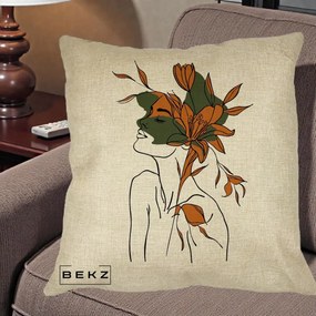 Perna Decorativa Portret Feminin Crin Auriu, 40x40 cm, Crem, Husa Detasabila, Perna Inclusa, BEKZ®