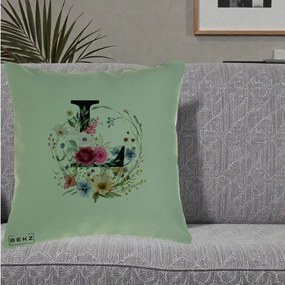 Cadou Personalizat - Perna Personalizata Monogram Litera L cu Flori Acuarela, 40x40 cm, Verde, Husa Detasabila, Perna Inclusa, BEKZ®