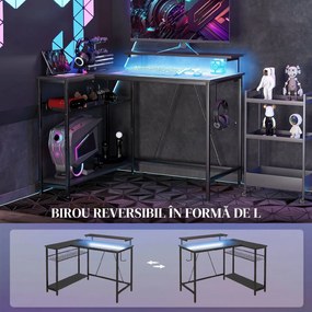 HOMCOM Birou de Gaming în Formă de L cu Lumini LED, Birou de Colț Reversibil cu Rafturi de Depozitare, 107x80x90 cm, Negru | Aosom Romania