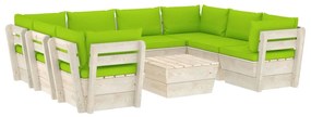 Set mobilier gradina din paleti, 9 piese, cu perne, lemn de molid verde aprins, 4x mijloc + 4x colt + masa, 1