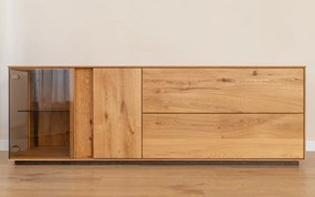 Comodă TV lemn masiv Aurora cu Vitrină Iluminată Stejar, 165 × 37 × 60 cm