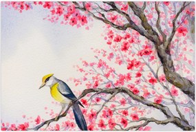 Tablou - Pasăre pe un copac cu flori roșii (90x60 cm)