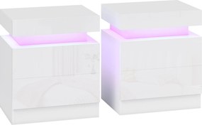 HOMCOM Set 2 Noptiere LED cu 4 Moduri, 2 Sertare, PAL, 45x35x52 cm, Alb Lucios | Aosom Romania
