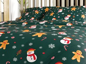 Set 2 buc lenjerie cocolino SNOWMAN AND GINGERBREAD verde + cearsaf Cocolino microplus cu elastic SOFT 180x200 cm alb, pat dublu