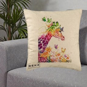 Perna Decorativa Girafa Curcubeu Acuarela, 40x40 cm, Bej, Husa Detasabila, Perna Inclusa, BEKZ®