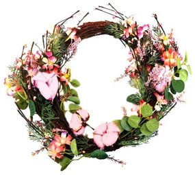 Decoratiune Craciun, coroana cu flori roz, 55 cm