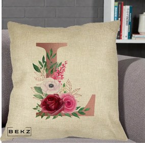 Cadou Personalizat - Perna Personalizata Monograma Rose Gold Litera L, 40x40 cm, Crem, Husa Detasabila, Perna Inclusa, BEKZ®