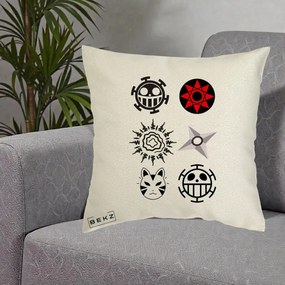 Perna Personalizata Simboluri Anime Mix - Naruto One Piece, 40x40 cm, Ecru, Husa Detasabila, Perna Inclusa, BEKZ®
