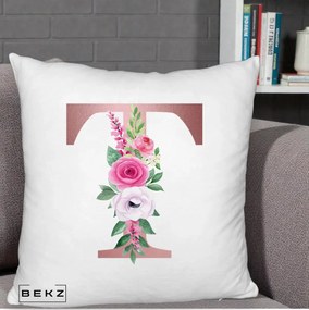 Cadou Personalizat - Perna Personalizata Monograma Rose Gold Litera T, 40x40 cm, Alb Pufos, Husa Detasabila, Perna Inclusa, BEKZ®