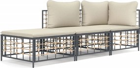 vidaXL Set șezlonguri de grădină 3 piese cu perne, antracit, poliratan