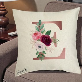 Cadou Personalizat - Perna Personalizata Monograma Rose Gold Litera E, 40x40 cm, Ecru, Husa Detasabila, Perna Inclusa, BEKZ®
