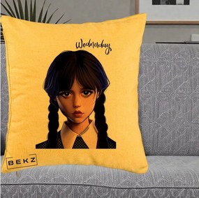 Perna Personalizata Wednesday Addams Portret Realist, 40x40 cm, Galben, Husa Detasabila, Perna Inclusa, BEKZ®