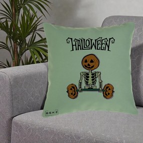 Perna Decorativa Halloween Schelet cu Cap de Dovleac Powerlifting, 40x40 cm, Verde, Husa Detasabila, Perna Inclusa, BEKZ®