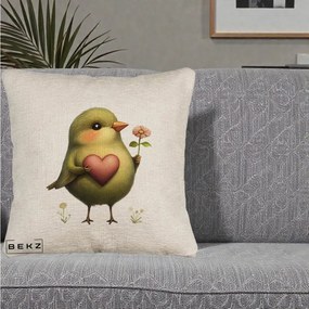 Perna Decorativa Pasare Verde cu Inima si Floare, 40x40 cm, Bej Canapea, Husa Detasabila, Perna Inclusa, BEKZ®