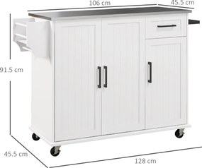 HOMCOM Insulă de Bucătărie Rulantă cu Depozitare, Sertar, 3 Dulapuri, Blat din Oțel Inoxidabil, Design Versatil, Alb | Aosom Romania