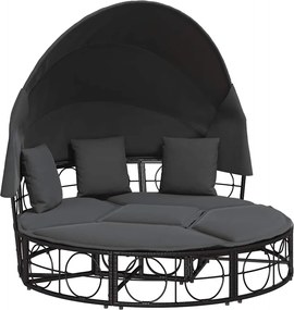 vidaXL Pat șezlong pentru exterior cu baldachin, negru, poliratan