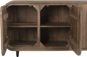 Bufet rustic din lemn de tec reciclat, natur, cu 4 uși cu colțuri rotunjite și picioare din metal negru, 80 x 200 x 45 cm, „Granville”