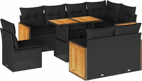 vidaXL Set mobilier grădină perne 9 piese negru poliratan/lemn acacia