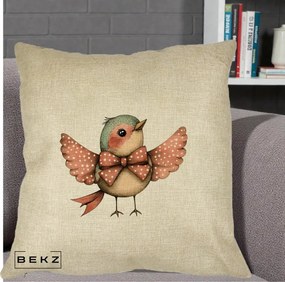 Perna Decorativa Pasare Roz cu Aripi si Fundita, 40x40 cm, Crem, Husa Detasabila, Perna Inclusa, BEKZ®