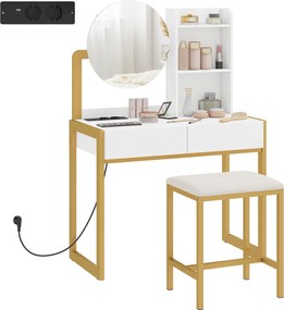 HOMCOM Masă de machiaj cu oglindă și taburet, stație de încărcare, masă de machiaj cu 2 sertare, 3 rafturi deschise, alb | Aosom Romania