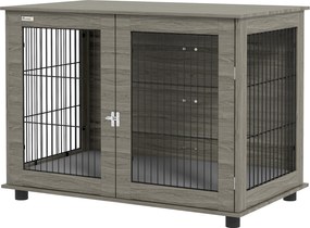 PawHut Cușcă pentru câine 2 în 1 masă de cafea cu pernă de plus detașabilă ușă blocabilă 100 x 60 x 73,5 cm gri | Aosom Romania