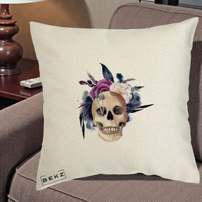 Perna Decorativa Craniu Floral cu Trandafiri si Ciuperci, 40x40 cm, Ecru, Husa Detasabila, Perna Inclusa, BEKZ®