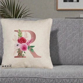 Cadou Personalizat - Perna Personalizata Monograma Rose Gold Litera R, 40x40 cm, Bej Canapea, Husa Detasabila, Perna Inclusa, BEKZ®