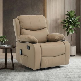 Fotoliu Masaj, Incalzire, rabatabil, sezut cu arcuri metalice, suport picioare extensibil, piele PU, Maro deschis