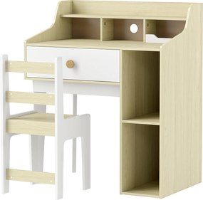 AIYAPLAY Set Birou pentru Copii cu Raft de Depozitare, Sertar și Scaun din Lemn, 80,4x50x96 cm, Alb | Aosom Romania
