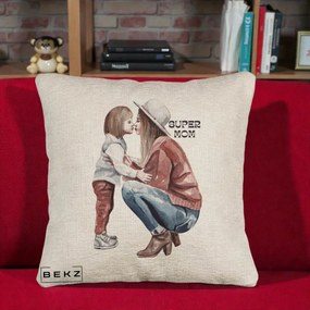 Cadou pentru Mama - Perna Personalizata Super Mom Acuarela, 40x40 cm, Bej Canapea, Husa Detasabila, Perna Inclusa, BEKZ®