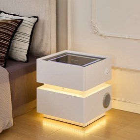 ELÉVIA — Noptieră inteligentă cu încărcare Wireless, Bluetooth Stereo, iluminare RGB, USB + Type-C și senzor de mișcare, Alb