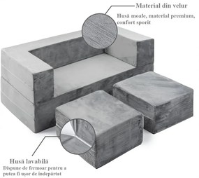 Canapea modulară pentru copii, spumă cu memorie, țesătură din velur, Bonus pernă în formă de semilună, 50x100x40 cm, Gri