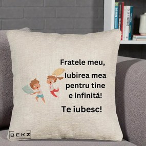 Cadou pentru Frate - Perna Personalizata Fratele Meu Te Iubesc Copii Batalie Perne, 40x40 cm, Bej Canapea, Husa Detasabila, Perna Inclusa, BEKZ®