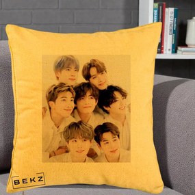 Perna Personalizata K-pop BTS Foto Grup Fete Albe, 40x40 cm, Galben, Husa Detasabila, Perna Inclusa, BEKZ®