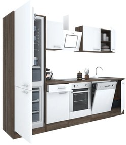 Mobilă de bucătărie Yorki 280, corp din stejar Yorki, față alb satinat, element cuptor inferior, frigider congelator inferior