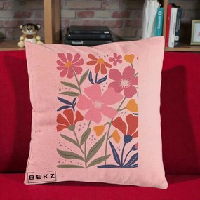 Perna Decorativa Flori Grafice Roz si Terracotta, 40x40 cm, Roz, Husa Detasabila, Perna Inclusa, BEKZ®