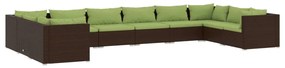 Set mobilier de gradina cu perne, 10 piese, maro, poliratan maro si verde, 4x colt + 6x mijloc, 1