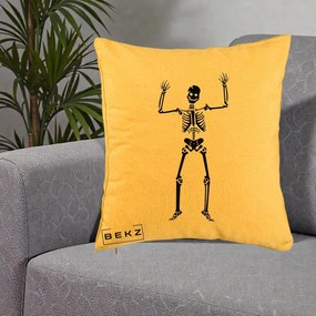 Perna Decorativa Halloween Schelet Dansator, 40x40 cm, Galben, Husa Detasabila, Perna Inclusa, BEKZ®