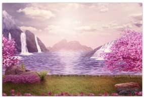 Tablou cu pomi roz cu lac (90x60 cm)