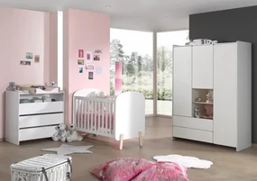 Set Mobilier Kiddy pentru Camera Bebelușului – Pătuț 60x120 cm, Comodă, Placă de Înfășat &amp; Dulap 3 Uși – Alb – Vipack