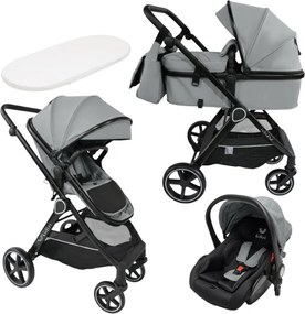 Carucior copii 3 in 1 Kidizi Moveo gri, landou transformabil in parte sport, scoica auto R129, cadru black, pana la 22 kg (0–4 ani), saltea si geanta incluse