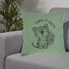 Perna Personalizata Take It Easy Cat, 40x40 cm, Verde, Husa Detasabila, Perna Inclusa, BEKZ®