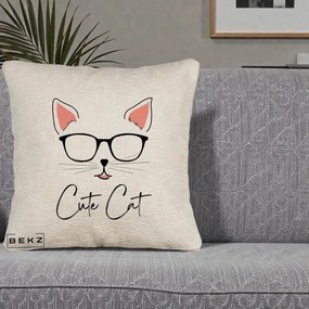 Perna Personalizata Cute Cat cu Ochelari, 40x40 cm, Bej Canapea, Husa Detasabila, Perna Inclusa, BEKZ®